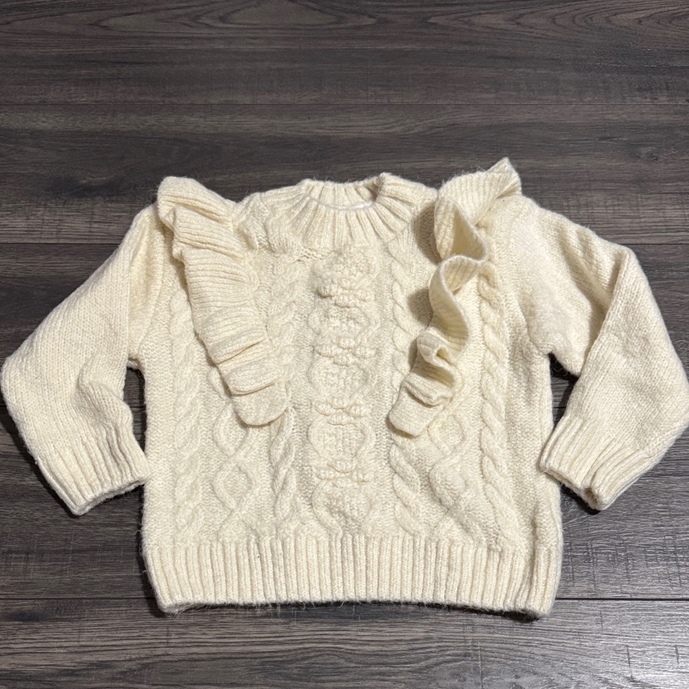 Zara Ivory Cable Knit Sweater with Ruffle Details